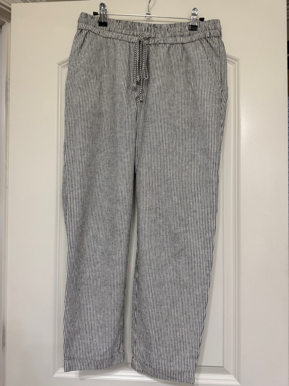 J. Crew Factory navy and White Striped linen Ankle Pants